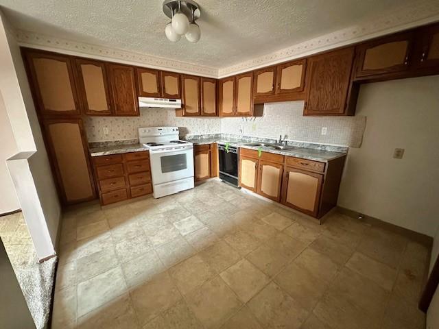 kitchen featuring black dishwasher, white range with electric cooktop, backsplash, under cabinet range hood, and a sink