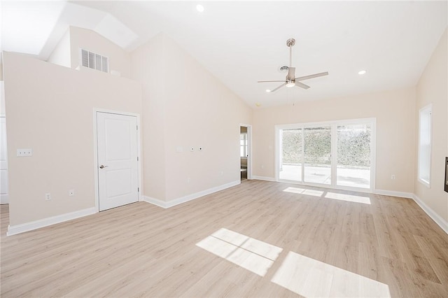 unfurnished living room with visible vents, a ceiling fan, high vaulted ceiling, light wood-type flooring, and baseboards