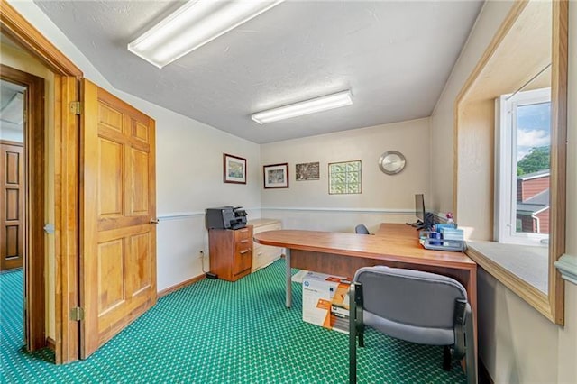 office space with a textured ceiling and carpet flooring