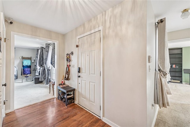 entryway with carpet floors and wood finished floors