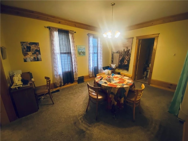 dining area featuring baseboards, carpet floors, and a notable chandelier