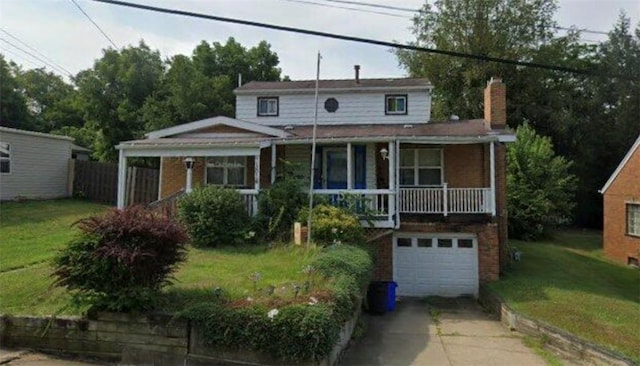 view of front of home with concrete driveway, an attached garage, covered porch, a front lawn, and brick siding