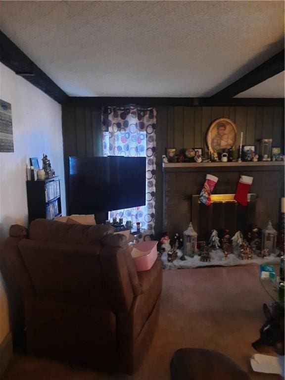 living room featuring a textured ceiling and carpet floors