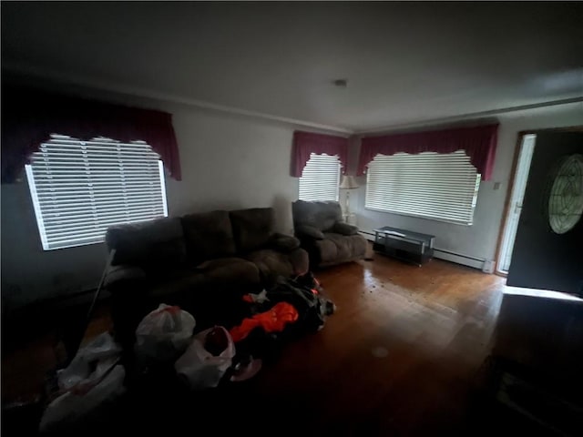 living room featuring a baseboard heating unit and wood finished floors