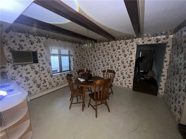 dining area featuring beamed ceiling, baseboard heating, and wallpapered walls