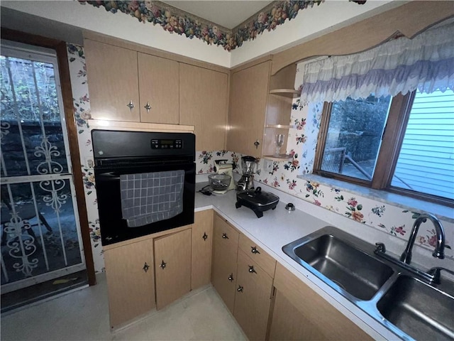 kitchen with a wealth of natural light, light countertops, a sink, and oven