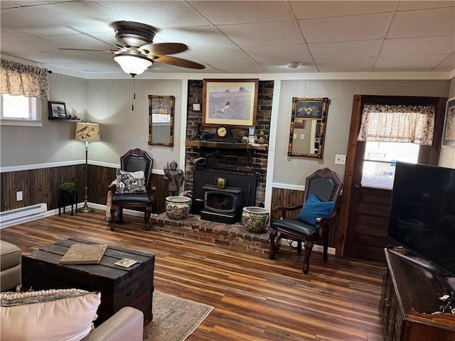 living room with a wood stove, wooden walls, wood finished floors, and wainscoting