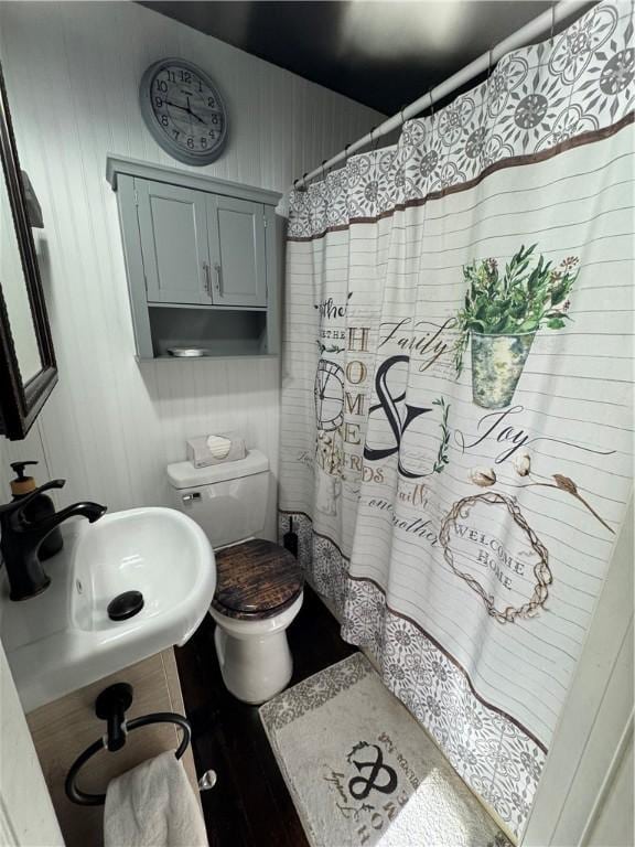 bathroom featuring toilet, a shower with curtain, and a sink