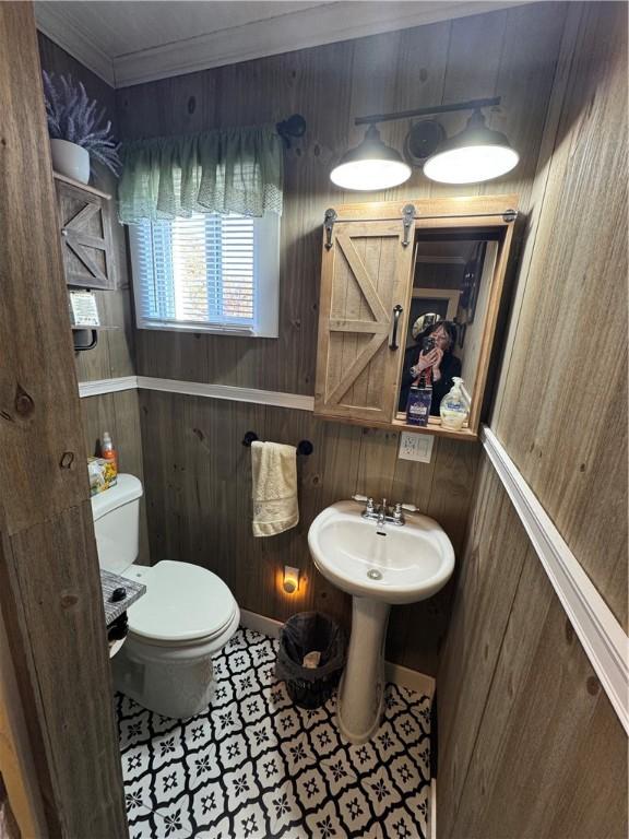 bathroom featuring wood walls, a sink, toilet, and crown molding