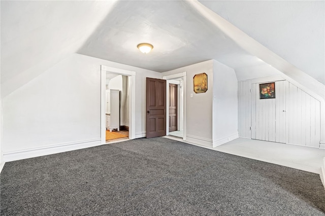 additional living space featuring vaulted ceiling and carpet floors