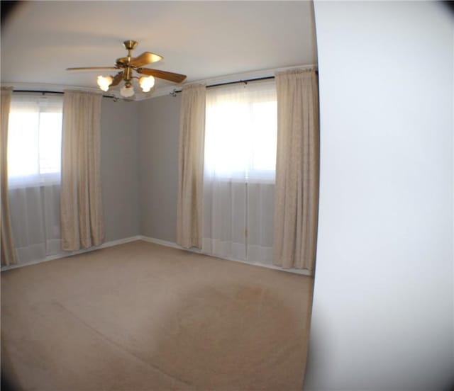 empty room with ceiling fan, plenty of natural light, and carpet flooring