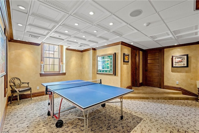 recreation room with recessed lighting, visible vents, baseboards, ornamental molding, and carpet