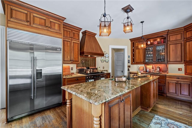 kitchen with dark wood-style flooring, custom exhaust hood, light stone countertops, high end appliances, and glass insert cabinets