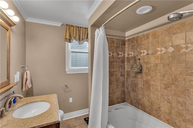 bathroom featuring crown molding, shower / bath combo, vanity, tile patterned flooring, and baseboards