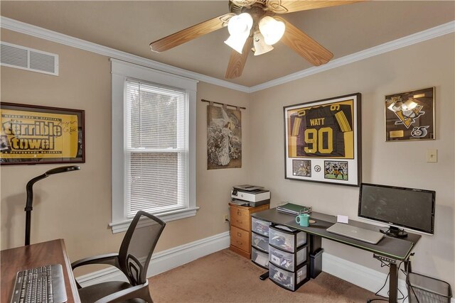 carpeted office space with ornamental molding, visible vents, baseboards, and a ceiling fan