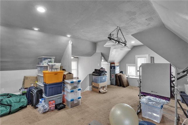 additional living space with vaulted ceiling, baseboards, carpet flooring, and recessed lighting