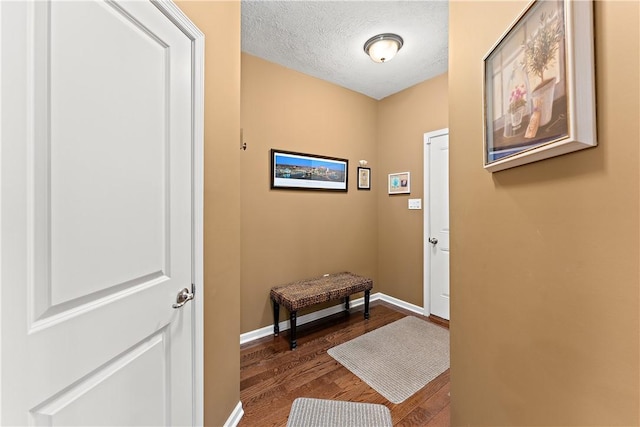 entryway with dark wood-type flooring, a textured ceiling, and baseboards