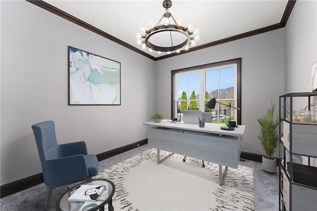 office featuring crown molding, baseboards, and an inviting chandelier