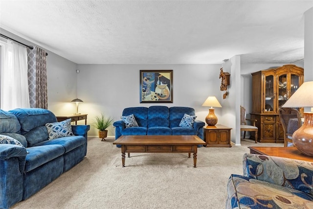 living room featuring carpet floors, a textured ceiling, and baseboards