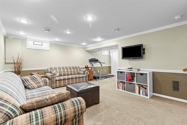 carpeted living room with recessed lighting, visible vents, and crown molding