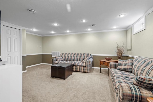 living room featuring baseboards, visible vents, crown molding, and light colored carpet