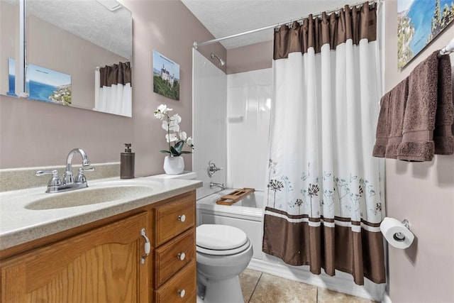 full bath featuring a textured ceiling, tile patterned flooring, toilet, vanity, and shower / bath combination with curtain