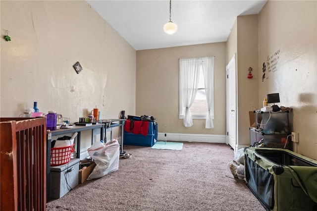 miscellaneous room featuring carpet floors and baseboards