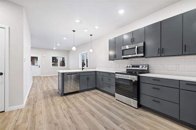 kitchen with a peninsula, a sink, appliances with stainless steel finishes, light wood-type flooring, and tasteful backsplash