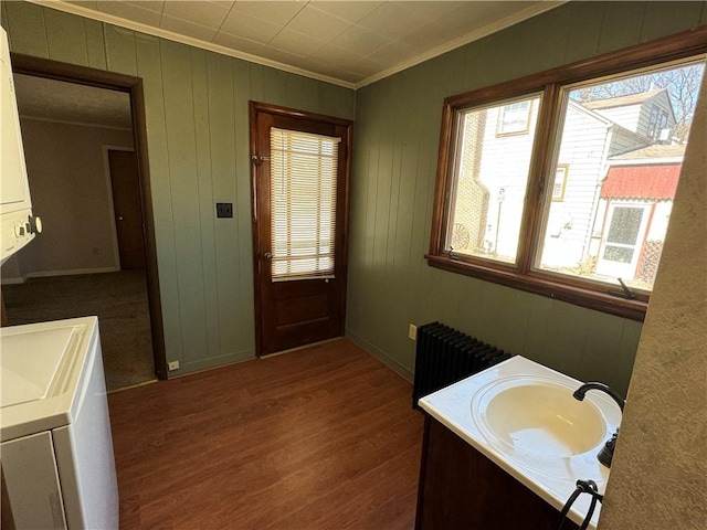 bathroom with radiator heating unit, wood finished floors, vanity, and crown molding