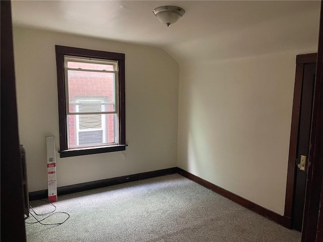 interior space with carpet, plenty of natural light, baseboards, and vaulted ceiling