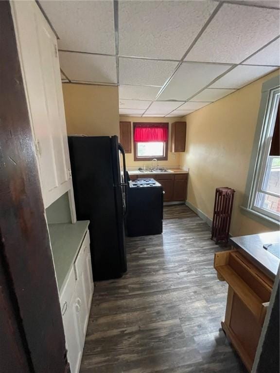 kitchen featuring range, dark wood-style floors, freestanding refrigerator, a paneled ceiling, and a sink