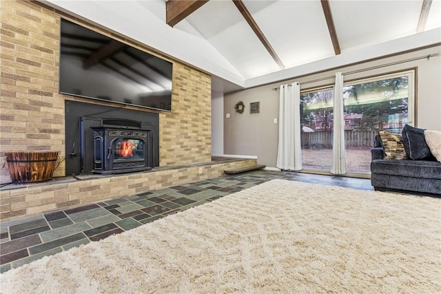 unfurnished living room featuring vaulted ceiling with beams