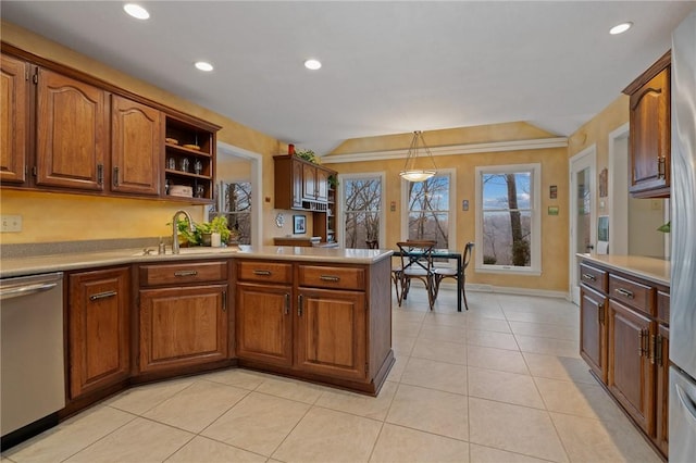 kitchen with light tile patterned flooring, a peninsula, light countertops, stainless steel dishwasher, and open shelves