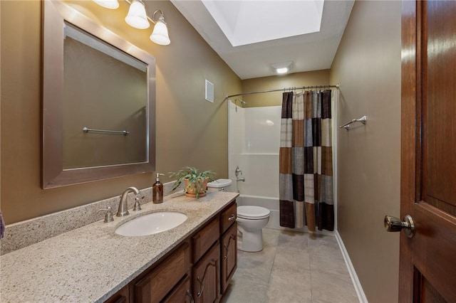 full bathroom with toilet, a skylight, visible vents, vanity, and shower / bath combo with shower curtain