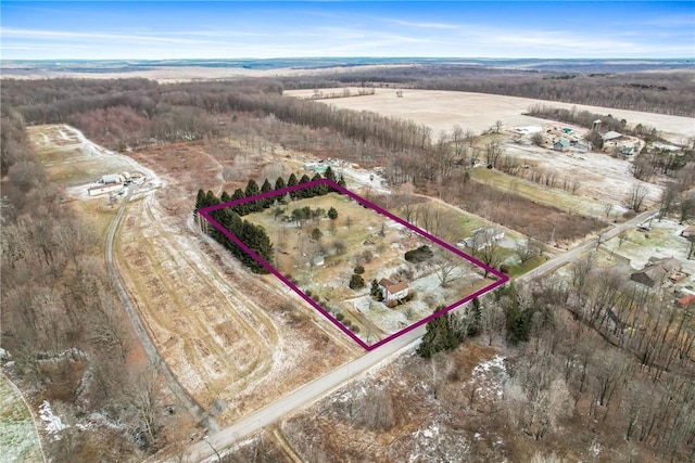 birds eye view of property with a rural view