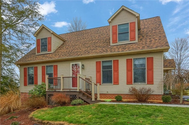 cape cod home featuring roof with shingles and a front lawn