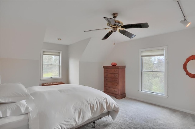 bedroom featuring a ceiling fan, light colored carpet, track lighting, and multiple windows