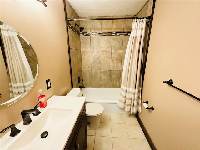 full bath featuring toilet, vanity, baseboards, tile patterned floors, and shower / bathtub combination with curtain