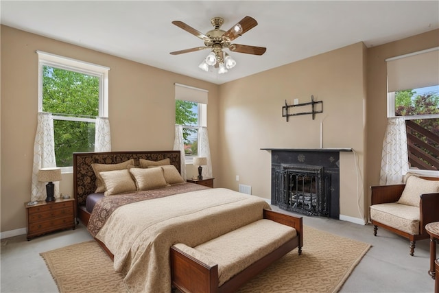 2101 Lonsdale St, Reserve, PA 15212 - bedroom featuring light colored carpet, a fireplace, baseboards, and a ceiling fan
