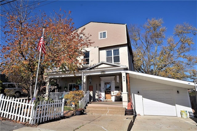 view of front of property featuring a garage, covered porch, fence, and brick siding