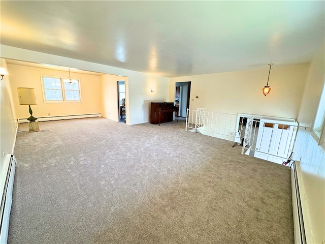 unfurnished living room featuring baseboard heating, carpet, and a baseboard radiator