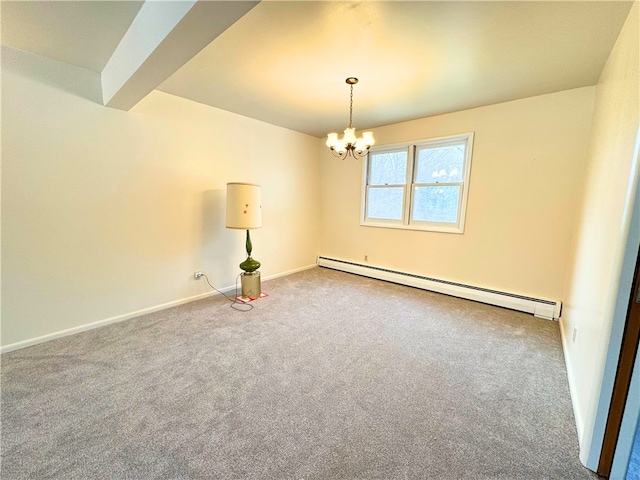 empty room featuring baseboards, a baseboard radiator, carpet flooring, and a notable chandelier