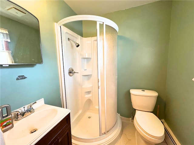 bathroom featuring toilet, visible vents, vanity, baseboard heating, and a shower stall