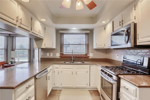 kitchen with a peninsula, a sink, appliances with stainless steel finishes, a tray ceiling, and plenty of natural light