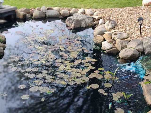 exterior details with a garden pond