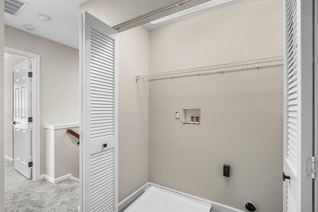 laundry area featuring hookup for an electric dryer, laundry area, carpet floors, washer hookup, and visible vents