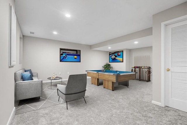 recreation room featuring baseboards, pool table, carpet flooring, and recessed lighting