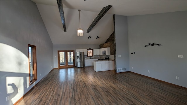 unfurnished living room featuring french doors, dark wood-type flooring, visible vents, and baseboards