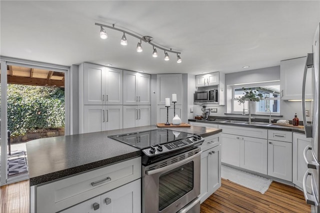 kitchen with appliances with stainless steel finishes, dark countertops, a sink, and a healthy amount of sunlight