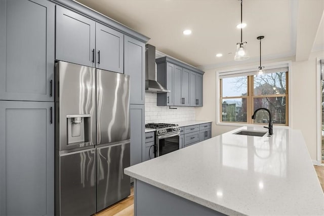 kitchen with a sink, appliances with stainless steel finishes, gray cabinets, backsplash, and wall chimney exhaust hood